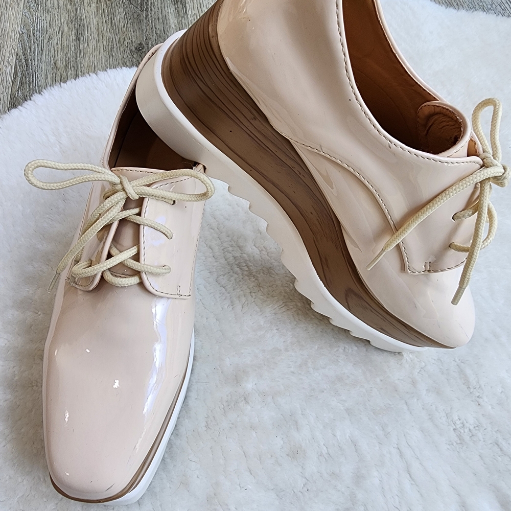 Nude Patent Leather Platform Wedge Oxfords Size 39